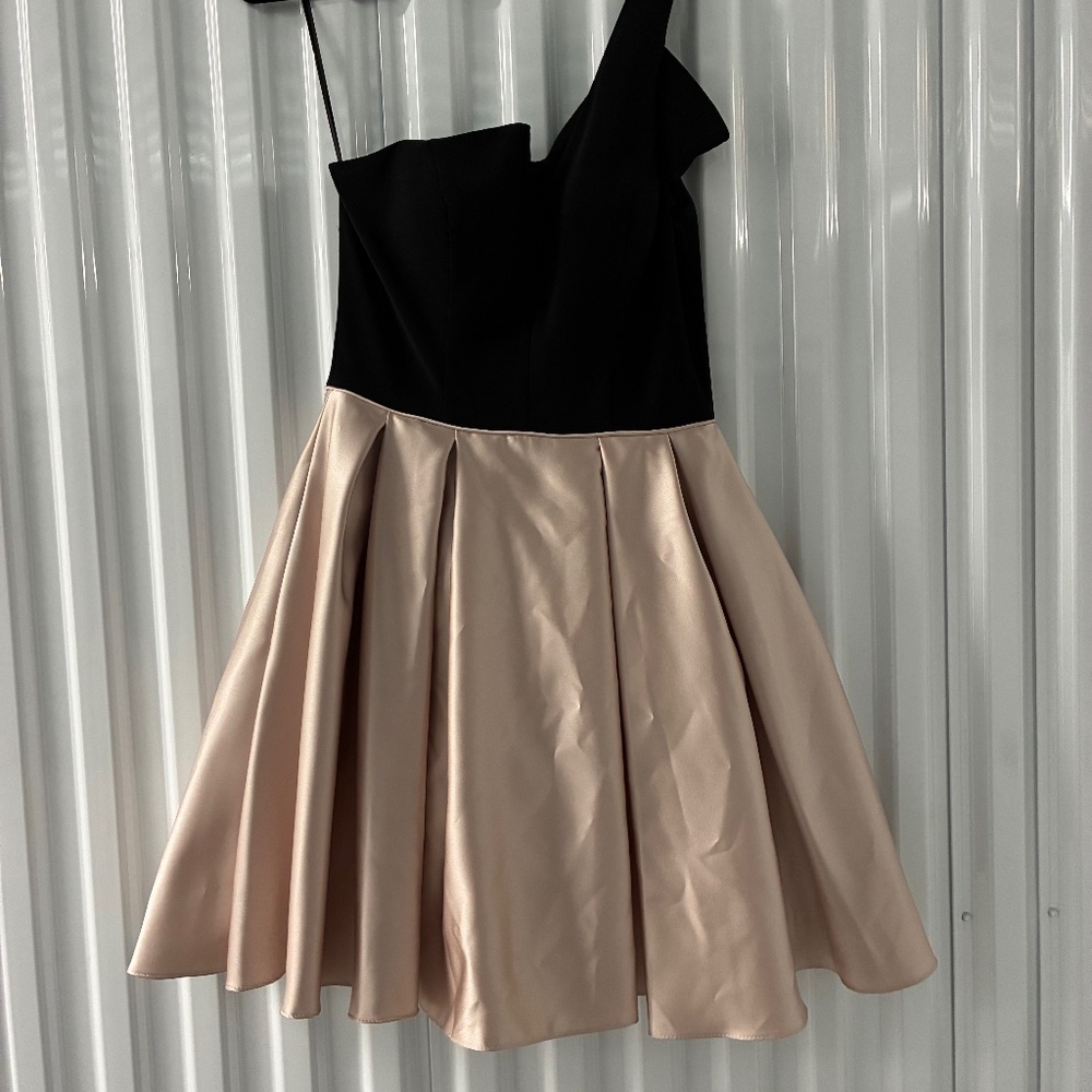 Black pink asymmetrical velvet bodice satin pleat bubble mini party dress
